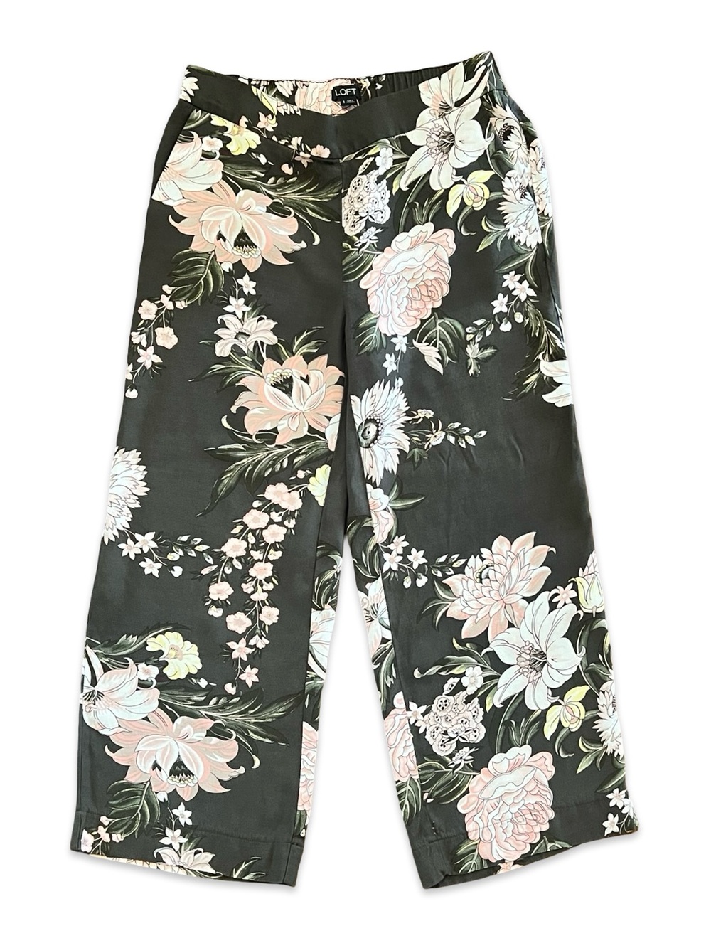 Loft Wide-Leg Cropped Pants Olive green with White & Pink Blush Floral - Picture 5 of 6